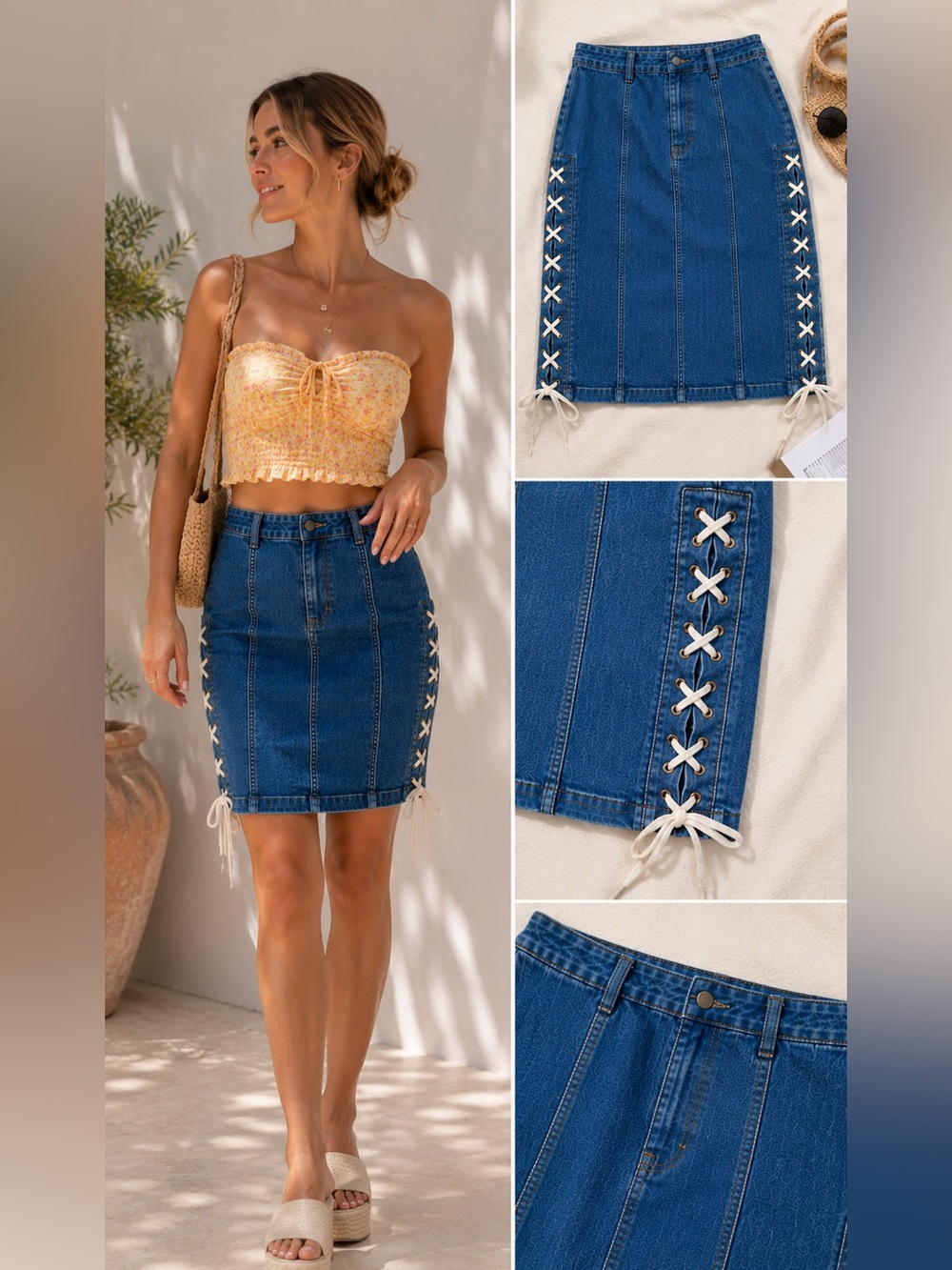 Free People Lace Up Denim Pencil Skirt Size 6 Blue Side Lace Midi Boho Y2K